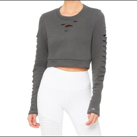 ALO Yoga Distressed Destroyed Pullover Sweatshirt Women Size S Gray - Picture 1 of 15